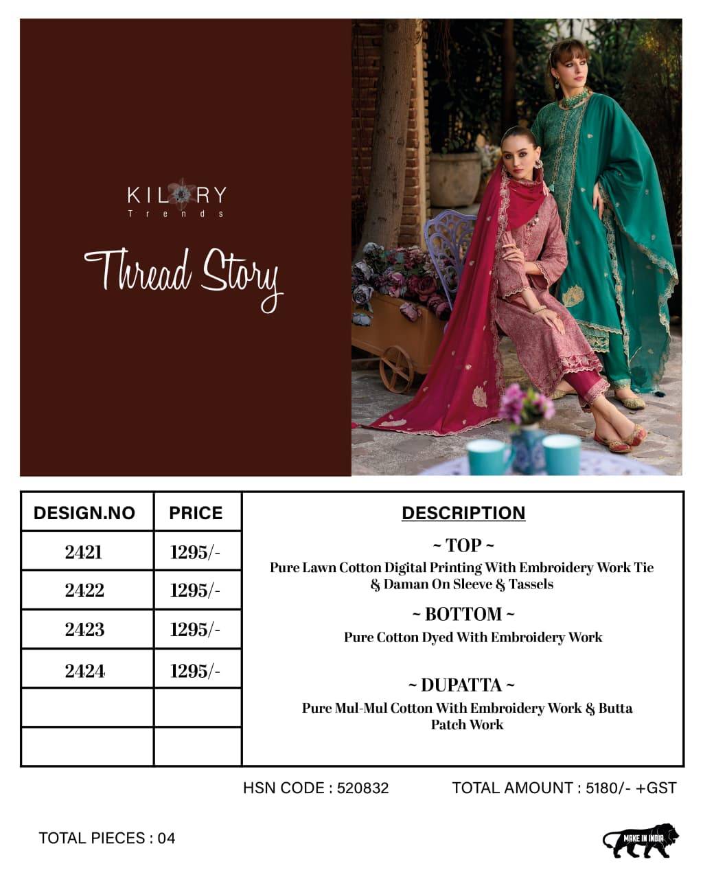 THREAD STORY By KILORY TRENDS 2421 To 2424 Series Beautiful Colourful PURE LAWN COTTON Dresses At Wholesale Price